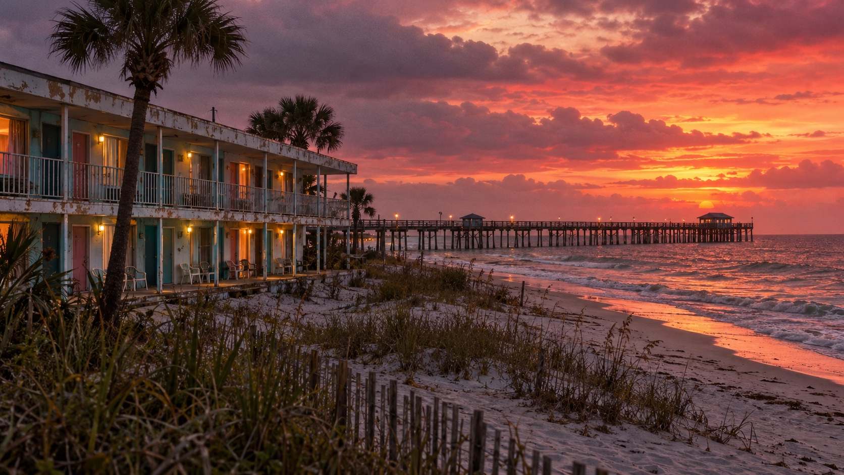 Faded beach-town motel and pier