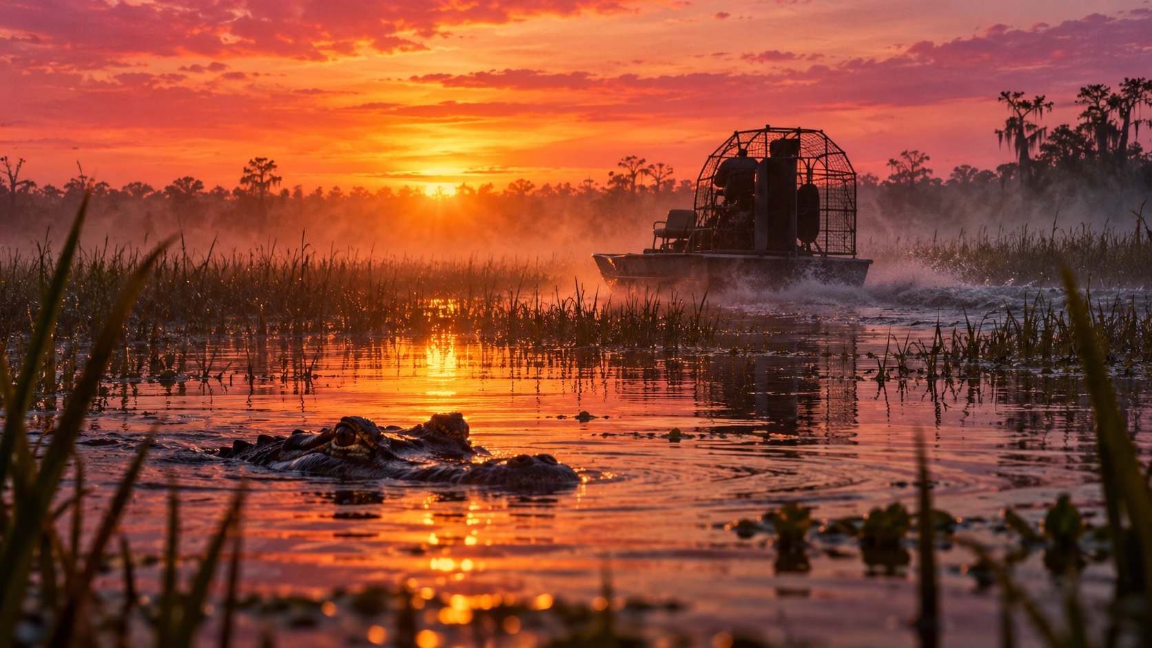 Airboat in swamp grass at sunrise