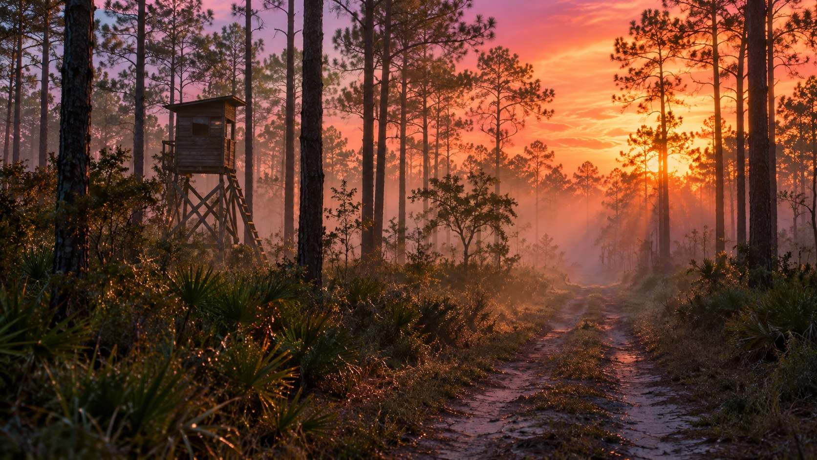 Pine forest trail in morning mist