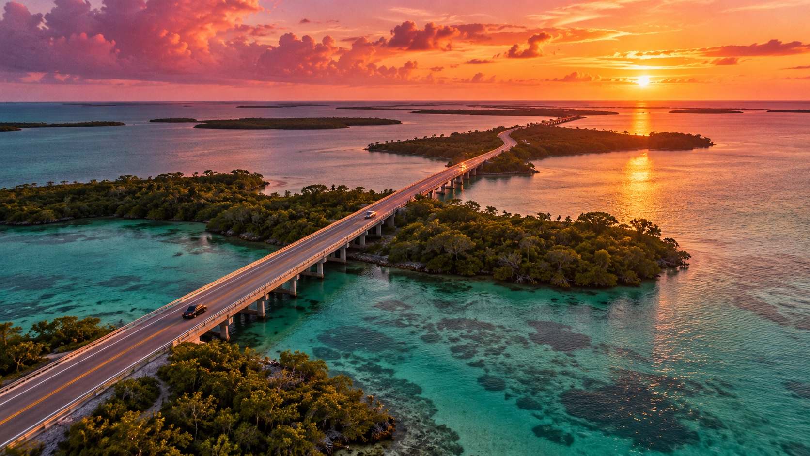 A long bridge across turquoise water between islands